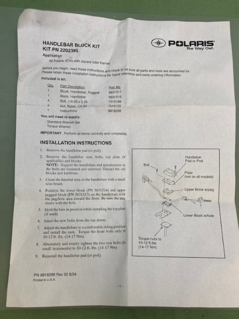 Polaris 2202395 Handle Bar Block Kit New Genuine