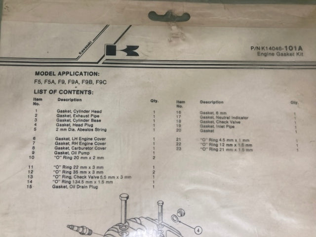 Kawasaki K14046-101A Engine Gasket Kit New Genuine