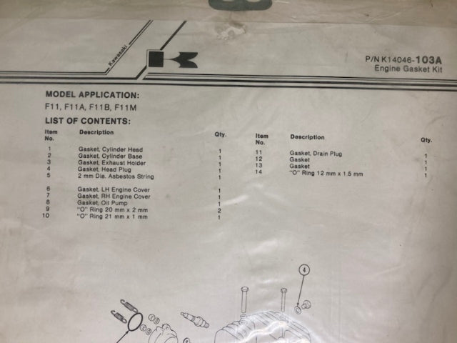 Kawasaki K14046-103A Engine Gasket Kit New Genuine
