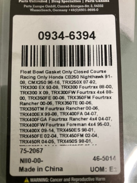 Moose 0934-6394 Float Bowl Gasket New Genuine