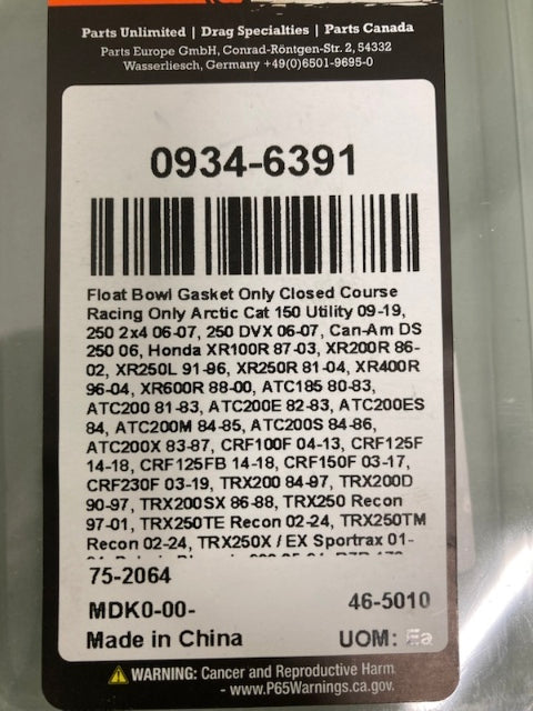 Moose 0934-6391 Float Bowl Gasket New Genuine