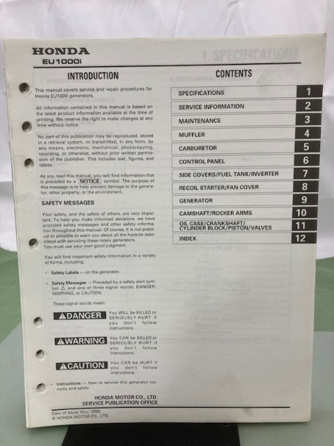 Honda 61ZT300 EU1000i Generator Shop Manual 1998 Genuine
