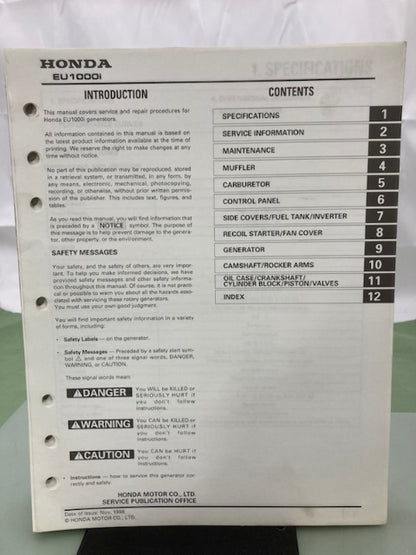 Honda 61ZT300 EU1000i Generator Shop Manual 1998 Genuine