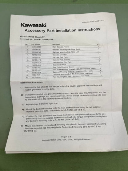Kawasaki K92152-0461 Backrest Collar Kit New Genuine