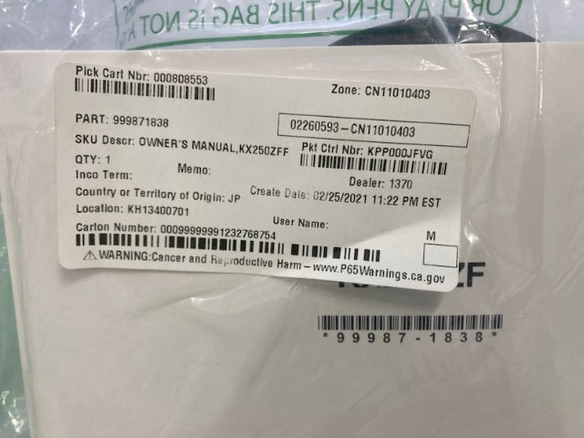 Kawasaki 99987-1838 KX250F KX250ZF Owner's Manual '15 New Genuine