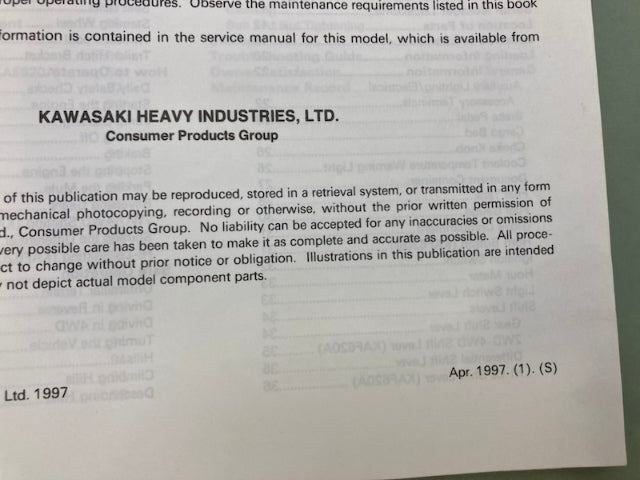 Kawasaki 99920-1856-01 MULE 2500 2510 2520 Owner's Manual '97 Genuine