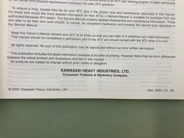Kawasaki 99987-1044 BAYOU 250 KLF250-A1 Owner's Manual '01 Genuine