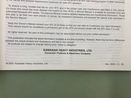 Kawasaki 99987-1044 BAYOU 250 KLF250-A1 Owner's Manual '01 Genuine
