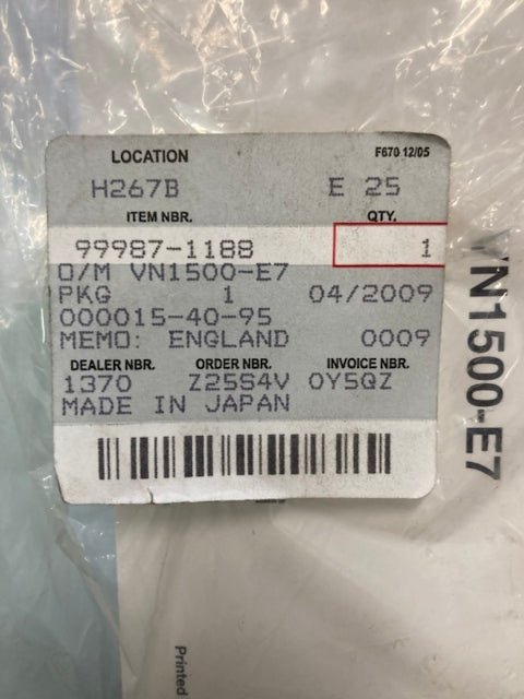 Kawasaki 99987-1188 Vulcan 1500 Classic VN1500-E7 Owner's Manual '03 New Genuine