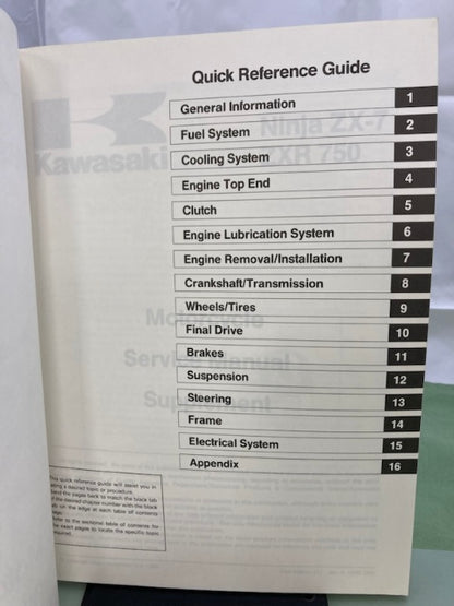 Kawasaki 99924-1126-51 Ninja ZX-7 ZXR750  Service Manual Supplement '90 Genuine
