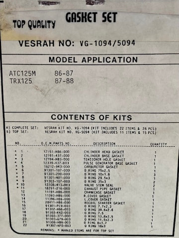Vesrah Gasket 609-5094V Gasket Kit, Honda-  ATC125m, TRX125 New Genuine