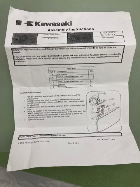 Kawasaki TX750077 Teryx Rear View Mirror New Genuine