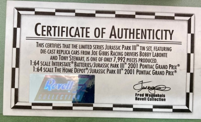Action/Revell 2-1:64 Jurassic Park III Tin Set Bobby Labonte And Tony Stewart New