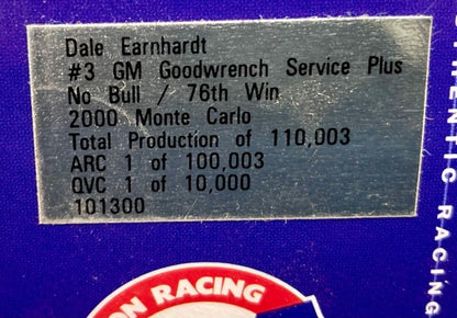 Action 1:24 Dale Earnhardt #3 GM Goodwrench Service Plus No Bull/76th Win New