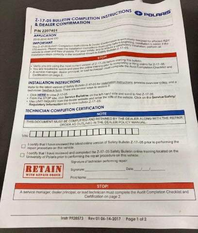 Polaris 2207451 K-Tank Update Rzr 170 Efi New Genuine