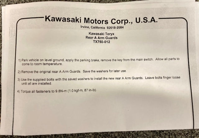 Kawasaki TX750-012 Teryx Rear A Arm Guard Plates New Genuine