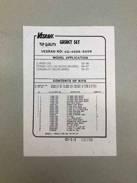Vesrah VG-4008M Complete Gasket Kit New Genuine