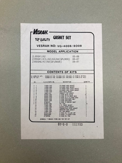 Vesrah VG-4008M Complete Gasket Kit New Genuine