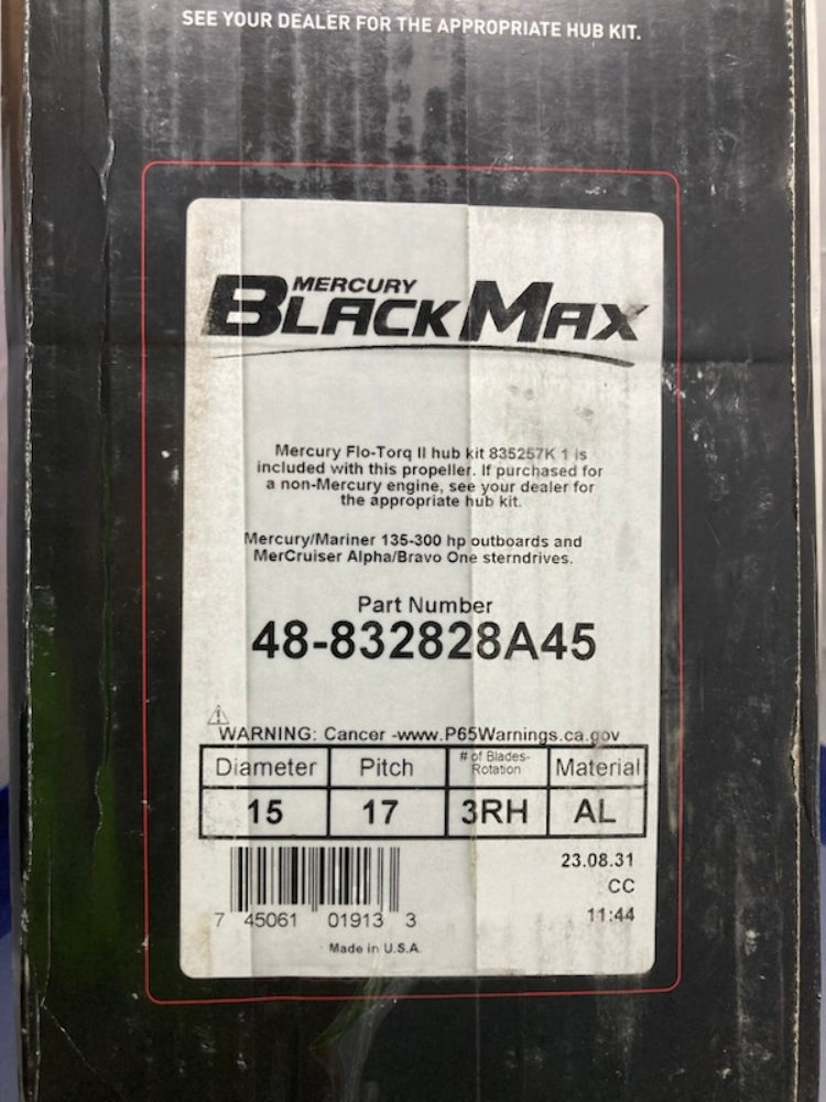 Mercury 48-832828A45 Black Max 3-Blade Propeller D-15, P-17, RH, AL New Genuine