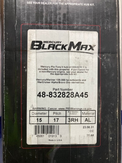 Mercury 48-832828A45 Black Max 3-Blade Propeller D-15, P-17, RH, AL New Genuine
