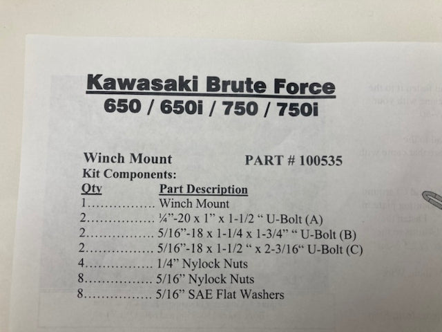 Kawasaki 100535 Brute Force Winch Mount New Genuine
