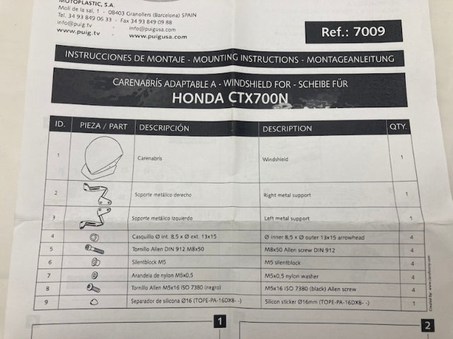 Puig 7009F Honda CTX700N Windshield Kit New Genuine