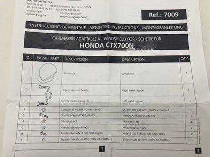 Puig 7009F Honda CTX700N Windshield Kit New Genuine