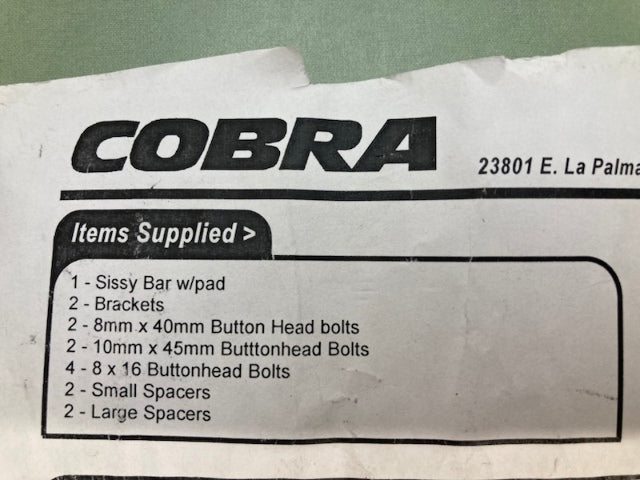 Cobra 02-5660 Short Sissy Bar W/Pad VTX1300S 2003-06/VTX1800R New Genuine