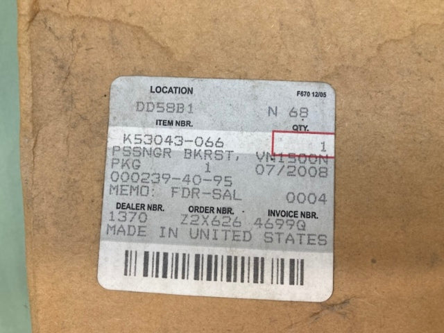 Kawasaki K53043-066 VN1500N Passenger Backrest New Genuine