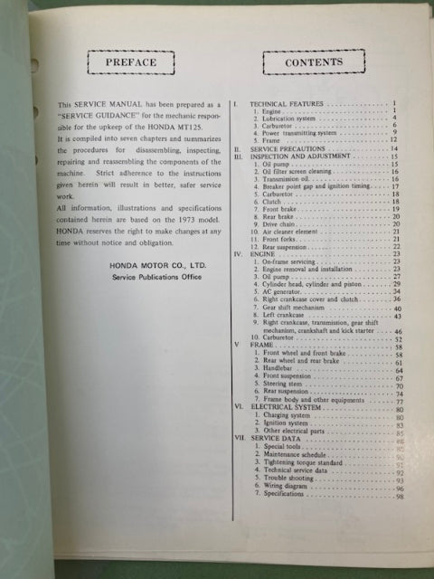 Honda 6136101 MT125 Shop Manual '73 Genuine