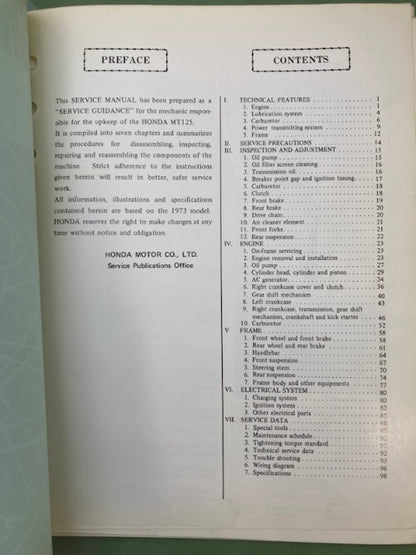 Honda 6136101 MT125 Shop Manual '73 Genuine