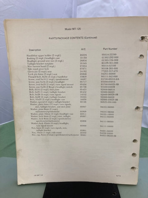 Honda 6136101 MT125 Shop Manual '73 Genuine
