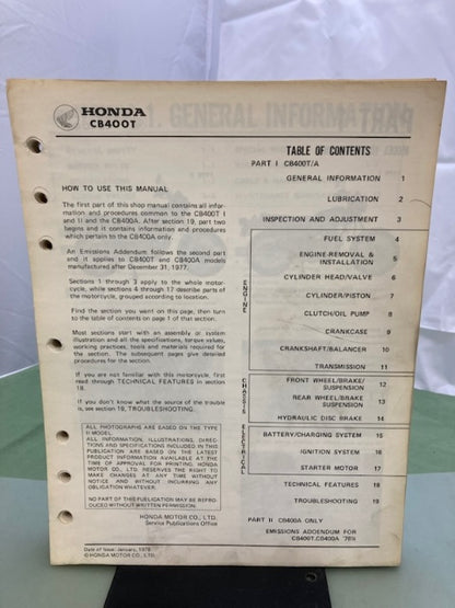 Honda 6141300 Hawk CB400T CB400A Shop Manual '78 Genuine