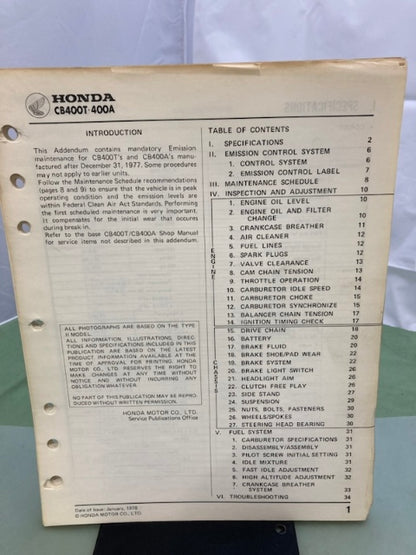 Honda 6141300 Hawk CB400T CB400A Shop Manual '78 Genuine