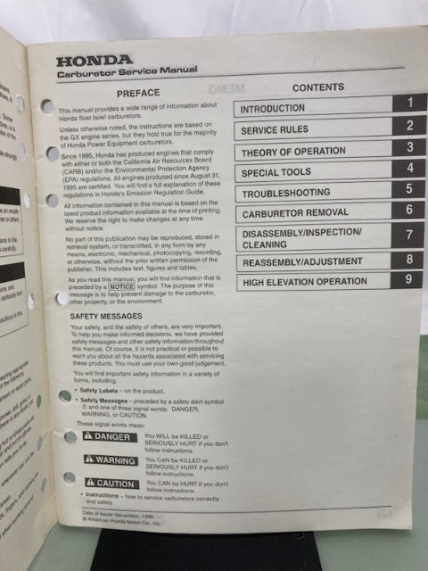 Honda TO068 Carburetor Service Manual '98 Genuine