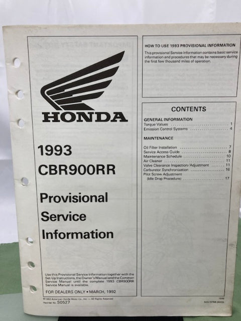 Honda 61MW002 CBR900RR Service Manual 1993-1995 Genuine