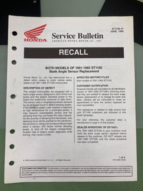 Honda 61MY311 ST1100 Service Manual '91-'02 with Addendum 61MY311-AH '03 Genuine