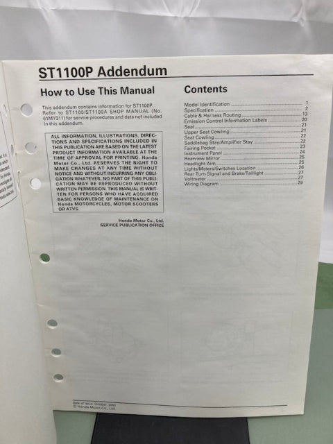 Honda 61MY311 ST1100 Service Manual '91-'02 with Addendum 61MY311-AH '03 Genuine