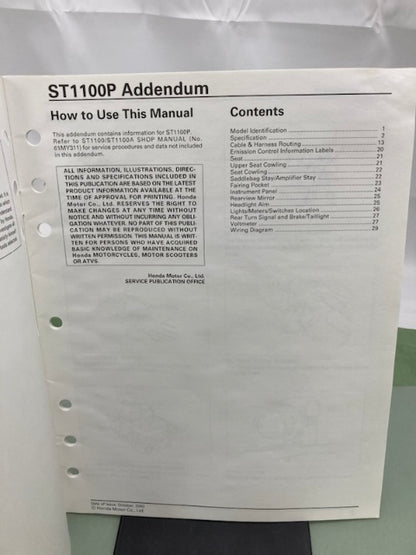 Honda 61MY311 ST1100 Service Manual '91-'02 with Addendum 61MY311-AH '03 Genuine