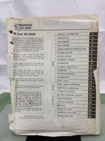 Honda 61MB301 V65 Sabre-VF1100S Shop Manual 1984-1985 Genuine