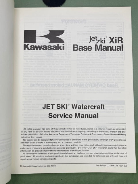 Kawasaki 99924-1180-01 JetSki XiR Service Manual '94 Genuine