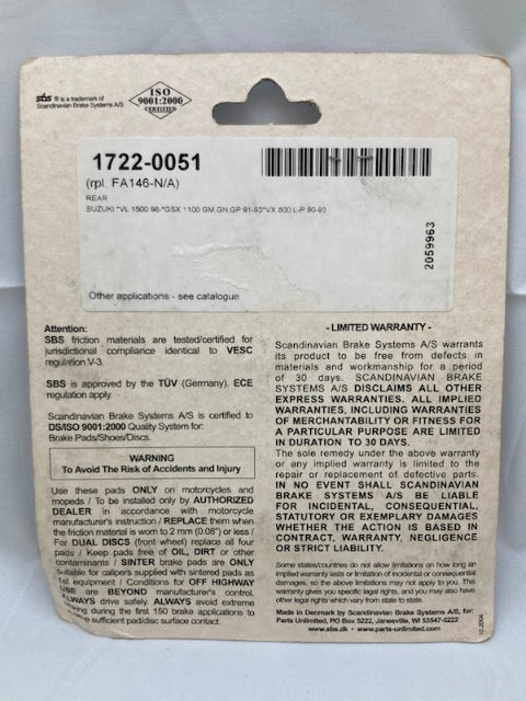 Parts Unlimited 1722-0051 Brake Pad Set, Sinter SBS 620LS New Genuine
