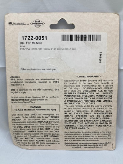 Parts Unlimited 1722-0051 Brake Pad Set, Sinter SBS 620LS New Genuine