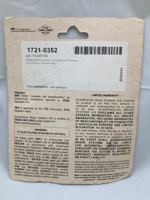 Parts Unlimited 754SI Brake Pad Set, Sinter SBS 1721-0352 New Genuine