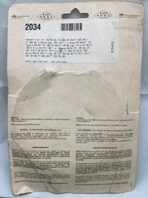SBS 2034 Organic Brake Pad Set, Asbestos Free Street New Genuine