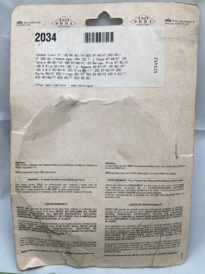 SBS 2034 Organic Brake Pad Set, Asbestos Free Street New Genuine