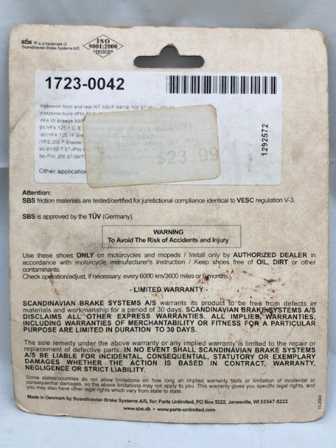 Parts Unlimited 2028 Organic Street Brake Pad Set, SBS 1723-0042 New Genuine