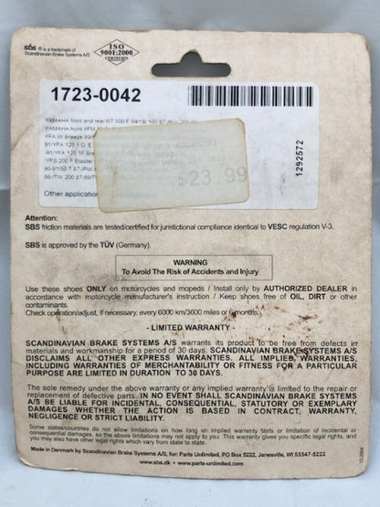 Parts Unlimited 2028 Organic Street Brake Pad Set, SBS 1723-0042 New Genuine
