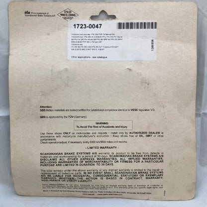 Parts Unlimited 2035 Organic Street Brake Pad Set, SBS 1723-0047 New Genuine