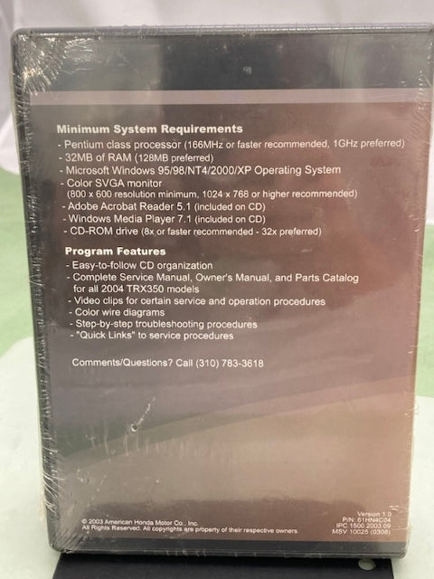 Honda 61HN4C04 TRX350FE/FM/TE/TM FourTrax Rancher '04 Service Manual New Genuine